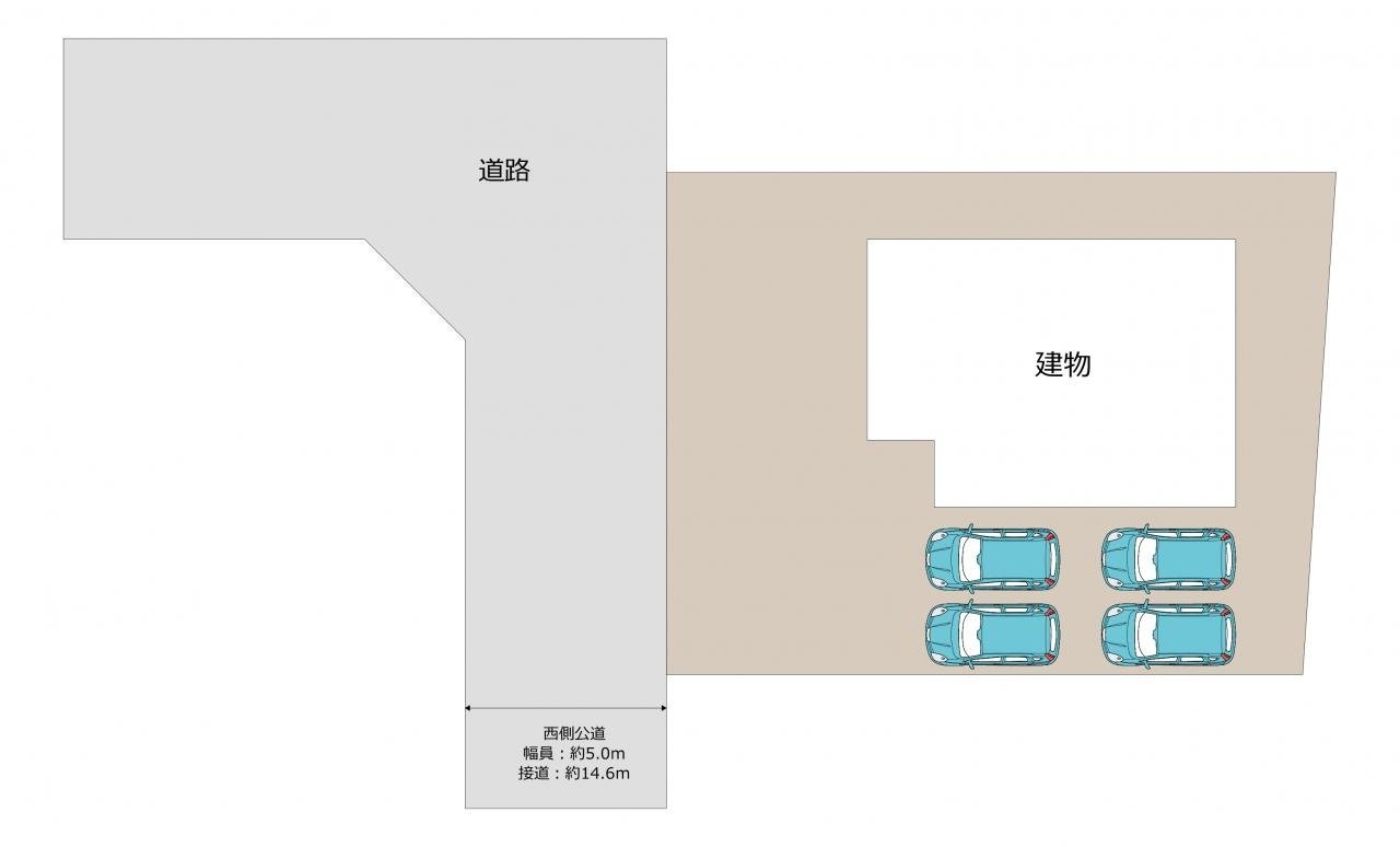 下妻市平沼　中古戸建の区画図|【区画図】駐車は縦並列4台可能（車種による）。前面道路は約5.0ｍ道路です。