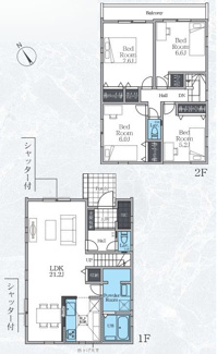 【間取り】 | 中央区横山6丁目  1号棟 1期 | 4LDK　都市ガス　網戸標準仕様　シャッター2箇所付　二部屋から行き来できるバルコニー　食洗器・浄水器　浴室乾燥機+窓　全居室収納　リビング収納　SIC　キッチン上部折下げ天井　LDK21.2帖