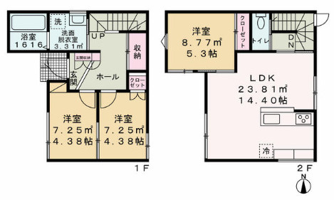 明石市二見町福里　新築の間取り|2階リビングの3LDKです。