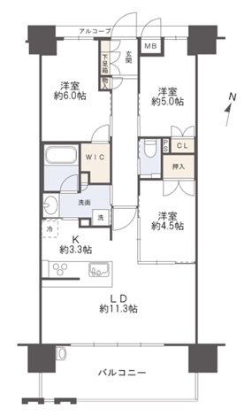 クレアホームズ高知本町　ザ・パークフロントの間取り|洋室３部屋。家事動線にも配慮した間取です。