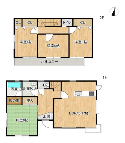 結城市大字江川新宿　中古戸建の間取り|間取り図。主要採光面が南向きで、1日を通して日当たり良好です。