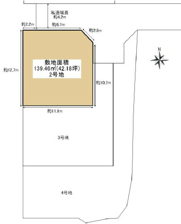 明石市大久保町西島（全４）土地　2号地の土地図|2号地　敷地約42坪です。