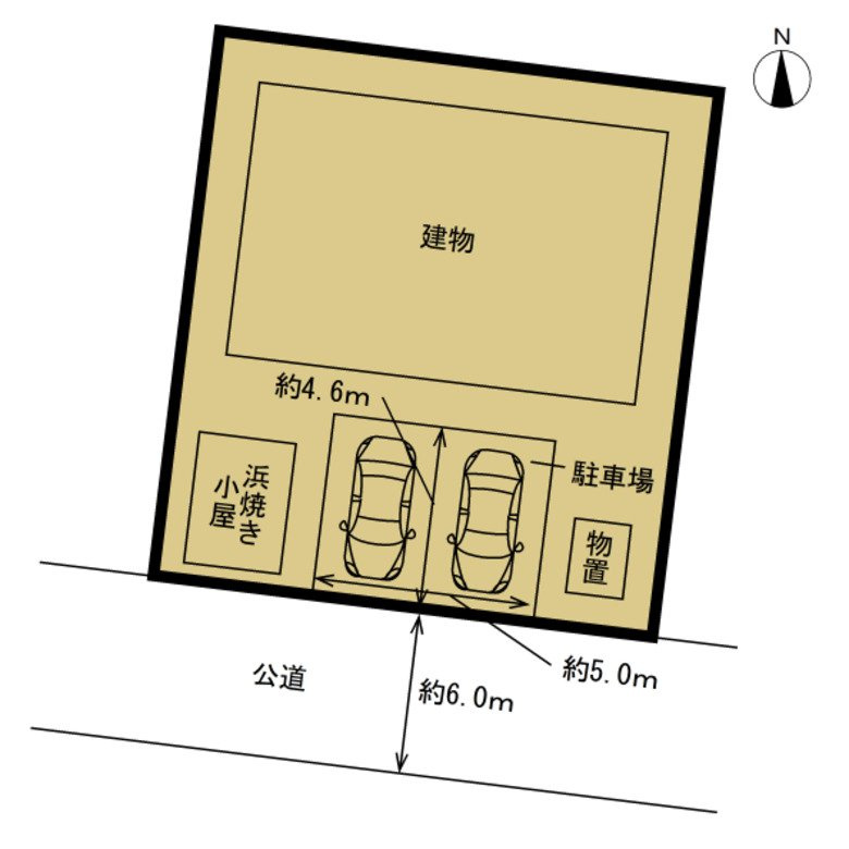 北茨城市大津町字五浦1丁目　中古戸建の区画図|【リフォーム完成〔区画図〕】駐車場並列2台可能。駐車場の両脇には浜焼き小屋と物置があります。