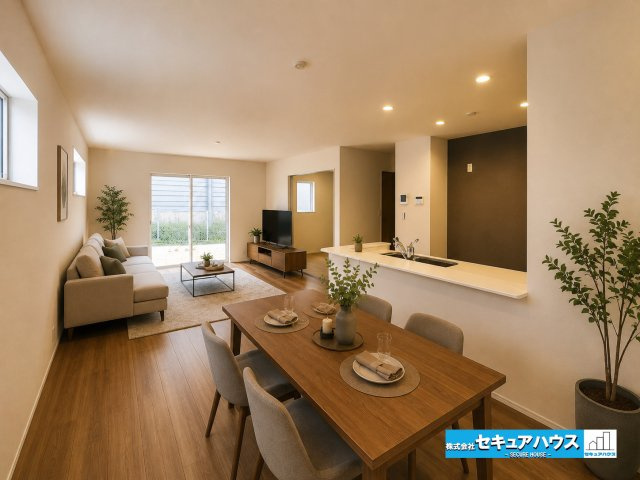 【本日ご案内可能】大府市吉川町　全2棟の居間・リビング|【LDKに家具を配置したイメージ図】
◆広々としたリビングのため、大きなソファやテレビ、ダイニングテーブルなどを置くことができます。温かみのあるブラウンの床×ホワイトの壁で落ち着いたお洒落な空間です。