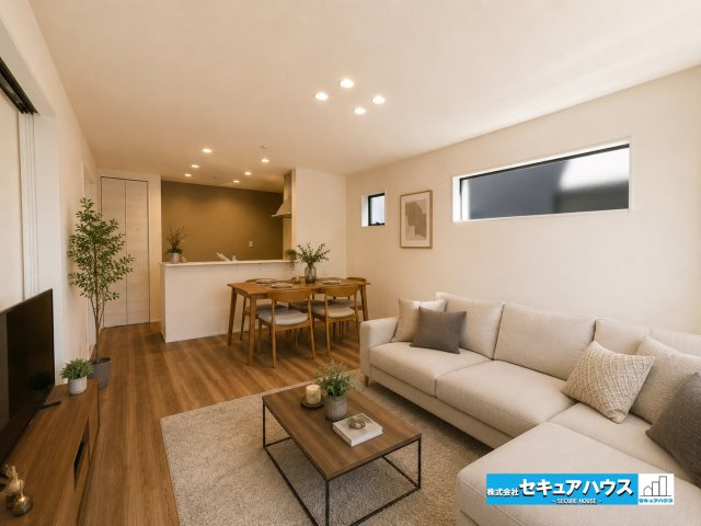 【本日ご案内可能】大府市吉川町　全2棟の居間・リビング|【LDKに家具を配置したイメージ図】
◆広々としたリビングのため、大きなソファやテレビ、ダイニングテーブルなどを置くことができます。温かみのあるブラウンの床×ホワイトの壁で落ち着いたお洒落な空間です。