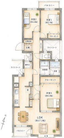 エステシティ湘南六浦4号棟の間取り|3LDK、価格2499万円、専有面積83.34m2、バルコニー面積8.84m2 【LDK　17.1帖】 【洋室　6.0帖・5.7帖・4.4帖】 