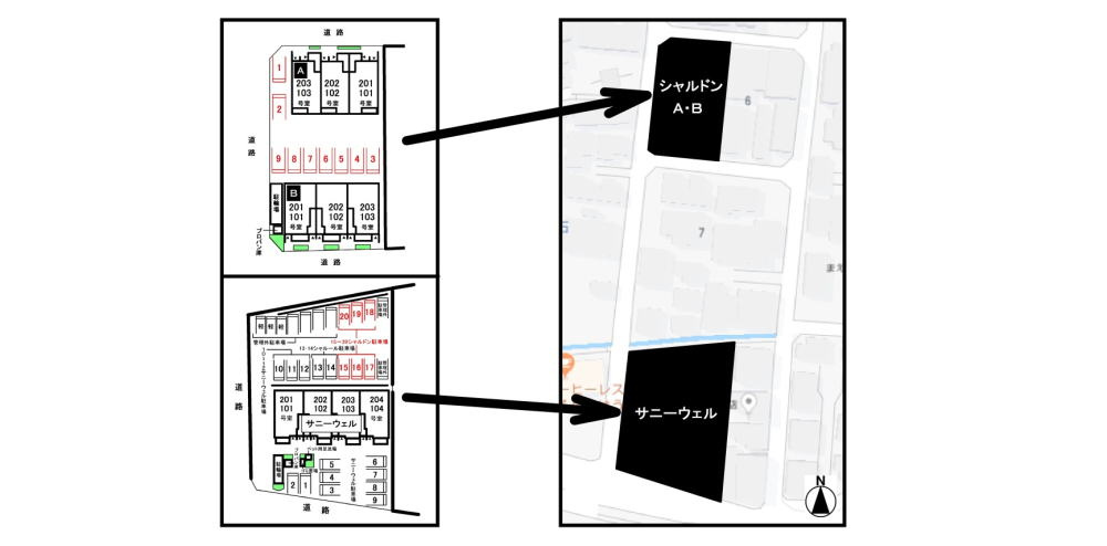 シャルドンＡの区画図|駐車場