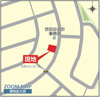【地図】 | 【仲介手数料無料！！】八王子市北野台2丁目　新築戸建て（全1棟）1号棟　5280万円 | 北野台2丁目22-11　東道路（幅員12m）歩道あり