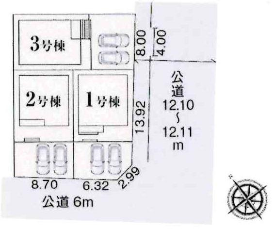 西尾市伊藤　全3棟・1号棟の区画図|1号棟です。