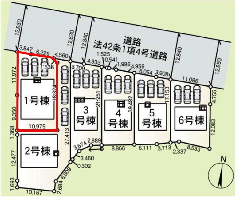 藤岡市岡之郷第３（全6棟）1号棟の区画図