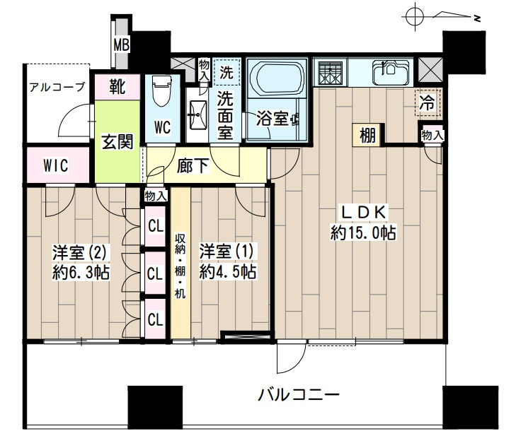 クレッセント萩中の間取り|東向きバルコニーの2LDK