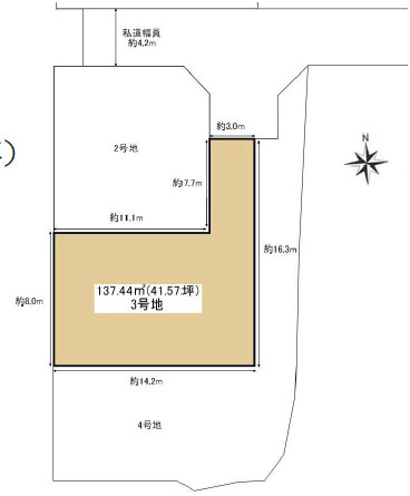 明石市大久保町西島（全４）土地　3号地の土地図|3号地　敷地約41.5坪です。