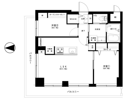 秀和大山レジデンスの間取り|秀和大山レジデンス：Ｌ字ワイドバルコニーが付いた角部屋！各居室に収納も付いた２ＬＤＫ新規内装リノベーション物件は令和８年８月中旬頃の完成予定です！