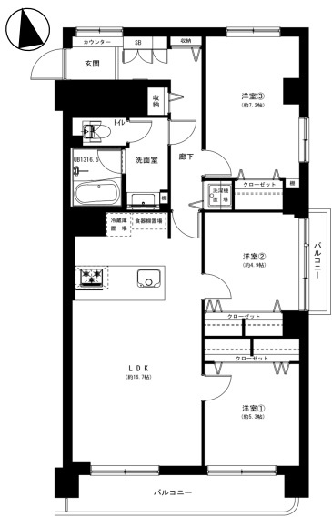 中野スカイハイツの間取り|中野スカイハイツ：南東向き・３方向角部屋！住設備も充実した７９㎡の３ＬＤＫ新規内装リノベーション物件は令和８年９月中旬完成予定です！
