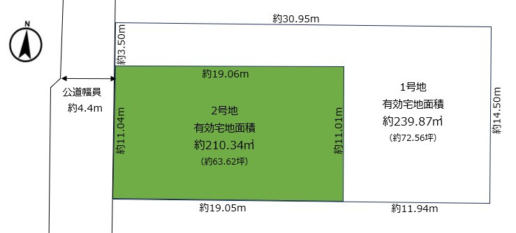 城山　売土地　2区画の土地図|2号地：土地面積210.34㎡、8,880万円