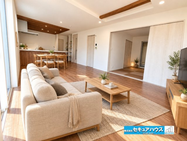 【本日ご案内可能】東海市富木島町山中の居間・リビング|【LDKイメージ】
※家具はイメージです。
◆日当たりが良く温かい広々リビングは家族の団らんスペースになります。