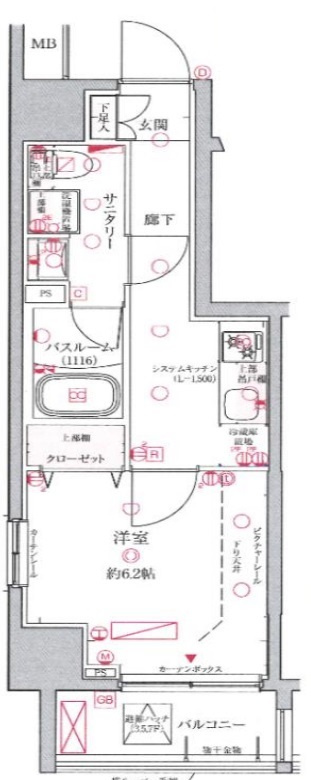 クレヴィスタ多摩川の間取り|間取り　南西角部屋2面採光南向きバルコニーの1K洋室6.2帖バストイレ別独立洗面台！