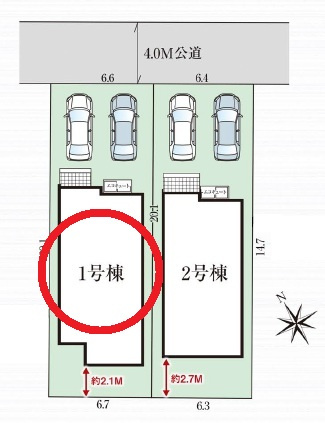 西尾市今川町　新築分譲住宅　全2棟　1号棟の区画図