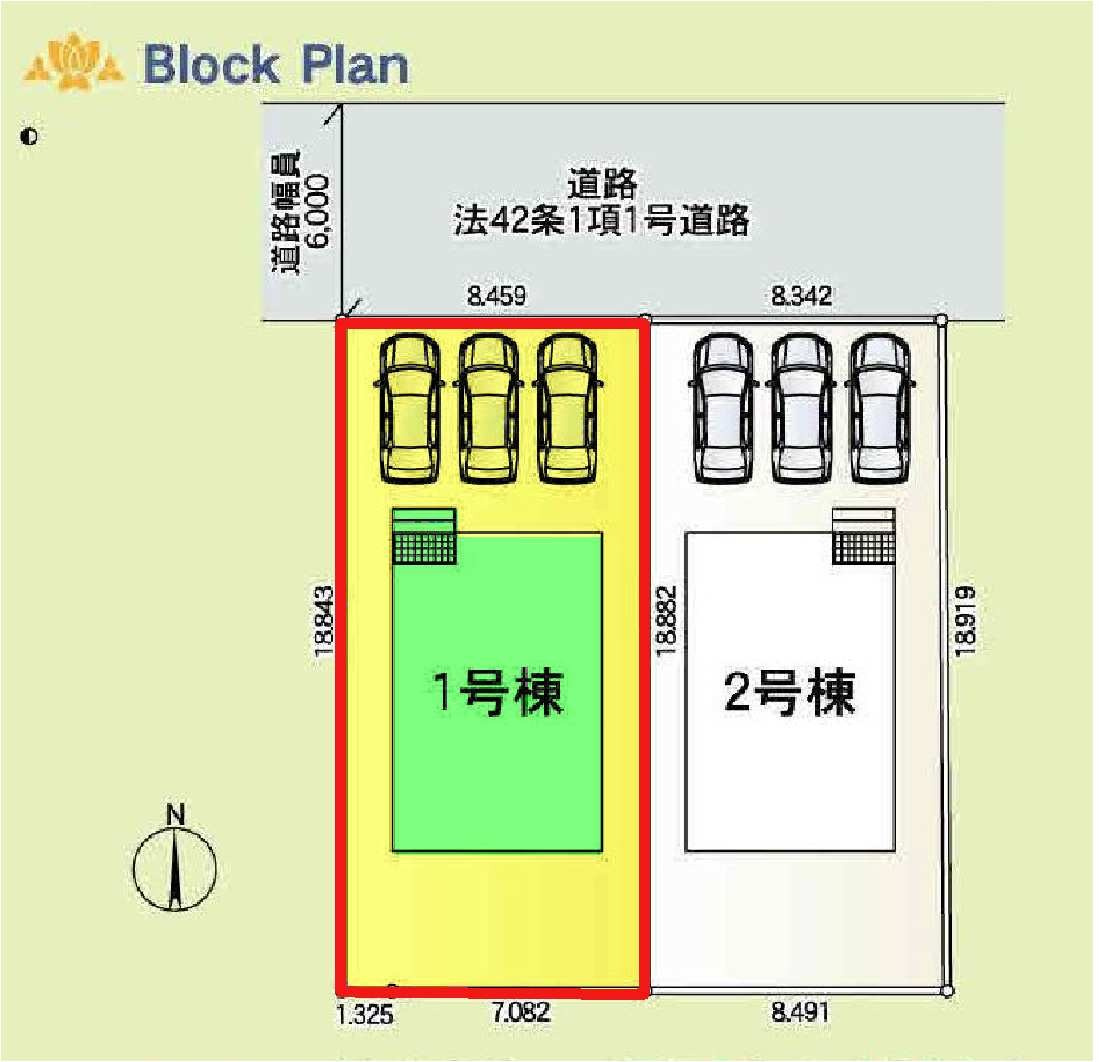 新築　前橋市大利根町第３　クレイドルガーデン　1号棟の区画図|1号棟　区画図　北側接道幅員約6ｍ
