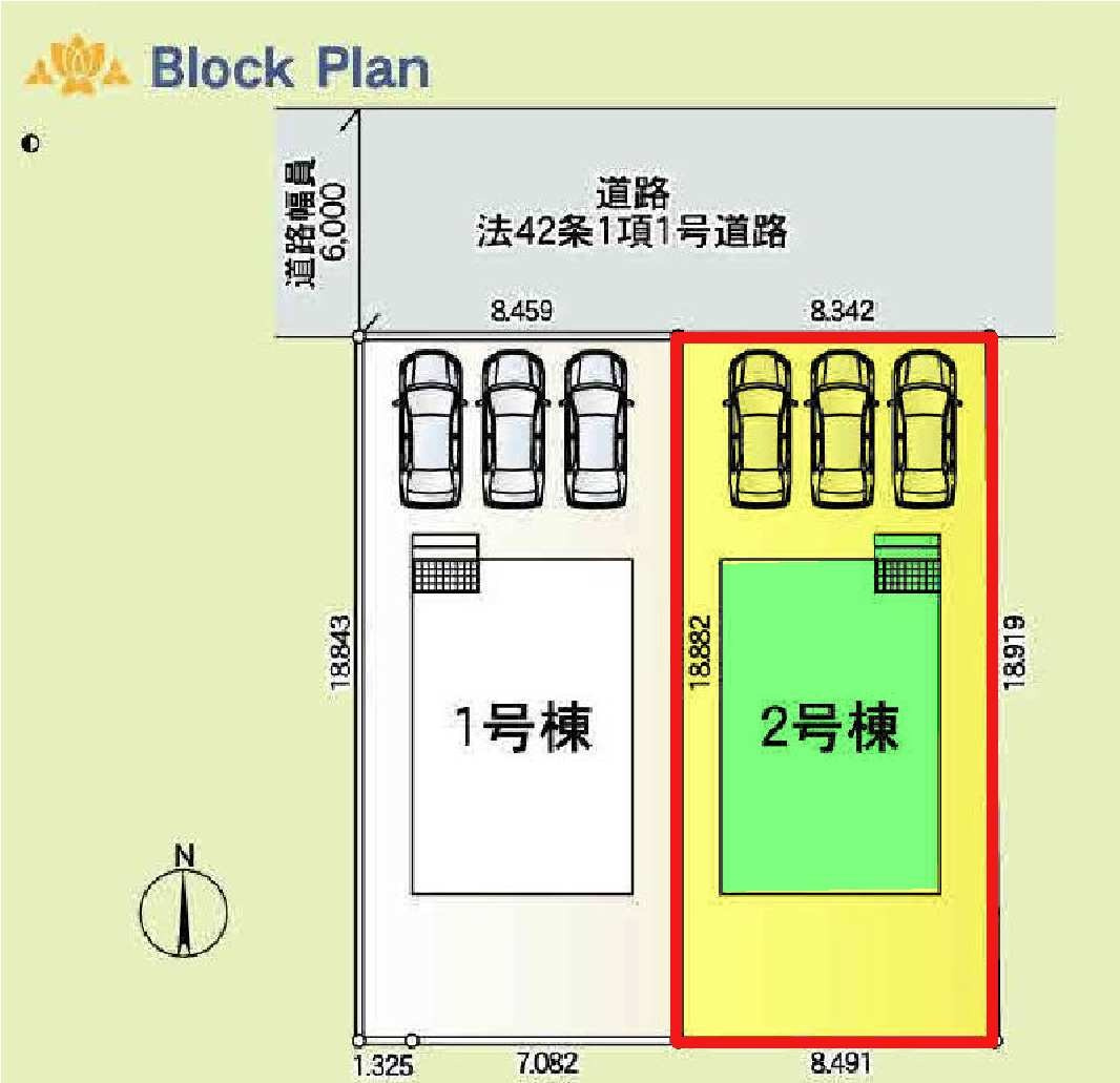 新築　前橋市大利根町第３　クレイドルガーデン　2号棟の区画図|2号棟　区画図　北側接道幅員約6ｍ
