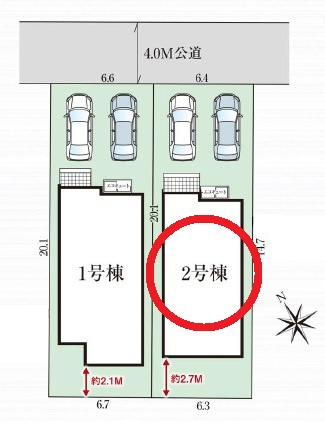 西尾市今川町　新築分譲住宅　全2棟　2号棟の区画図