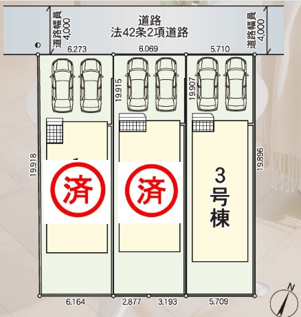 【今すぐご案内可能】名古屋市南区鶴見通4丁目の区画図|全体区画数｜全3棟　　　　　　　　　　　　　　　　　　　　　　　　　　　　
◆駐車並列２台可能！(但し、車種による)
◎まずは、お気軽にお問い合わせください。現地を案内しながら周辺環境も見て頂けます。