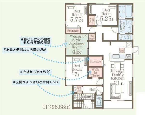 新築　渋川市金井第17　Livele Garden.S　4号棟の間取り|建物面積96.88㎡　広々21帖LDKの4LDKの平屋のお家♪シューズインクローク・ウォークインクローゼット・各部屋収納付きで便利です！