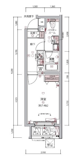 ARCOBALENO UMEYASHIKI アルコバレーノ梅屋敷の間取り|西向きバルコニー洋室7.4帖の1Kバストイレ別独立洗面台！