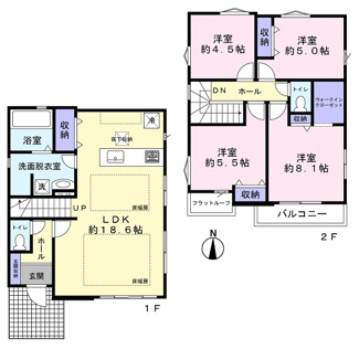 【間取り】 | 府中市本宿町３丁目新築戸建 | ZEN水準住宅。収納豊富な間取は子育て世帯にやさしい住まい。LDK18帖、キッチンからリビングが見える安心設計。