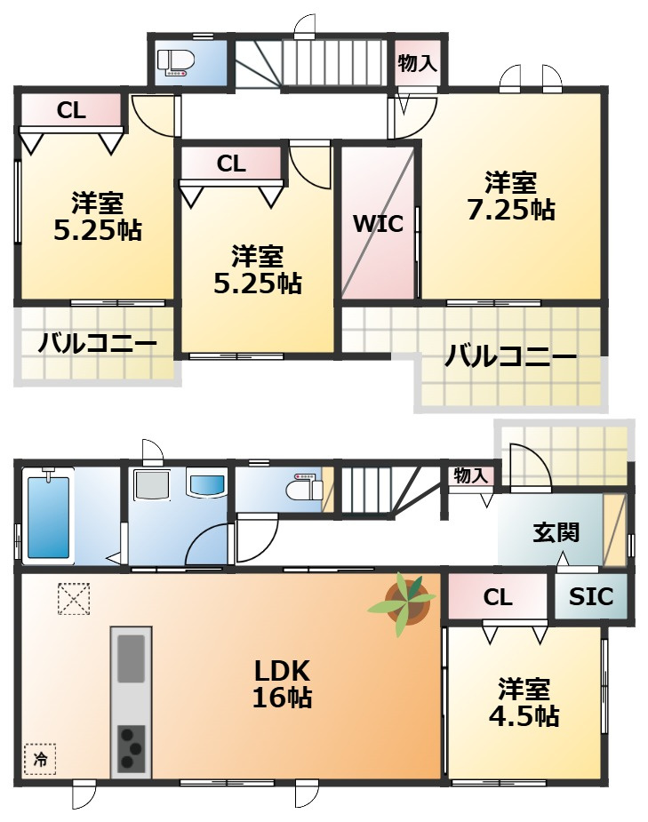 ハートフルタウン宇都宮市八千代2丁目1117番60の間取り|全室南向きで陽当たりの良い間取りです