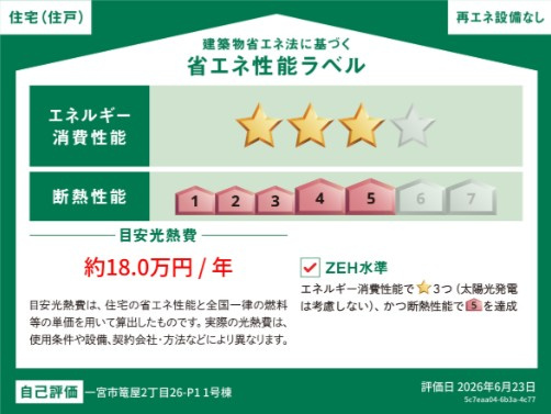 新築戸建　一宮市篭屋2丁目　全1区画分譲の省エネ性能ラベル|販売住戸が複数の場合、本ラベルは特定の住戸の性能を示し、全ての住戸の性能を示すものではありません