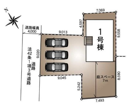 三郷市戸ケ崎　新築戸建　全1棟の区画図|敷地面積約64坪！！カースペース並列3台可能