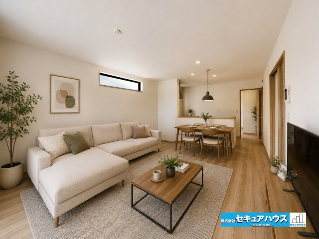 【本日ご案内可能】大府市米田町4丁目　全4棟の居間・リビング|【LDKに家具を配置したイメージ図】
◆広々としたリビングのため、大きなソファやテレビ、ダイニングテーブルなどを置くことができます。温かみのあるブラウンの床×ホワイトの壁で落ち着いたお洒落な空間です。