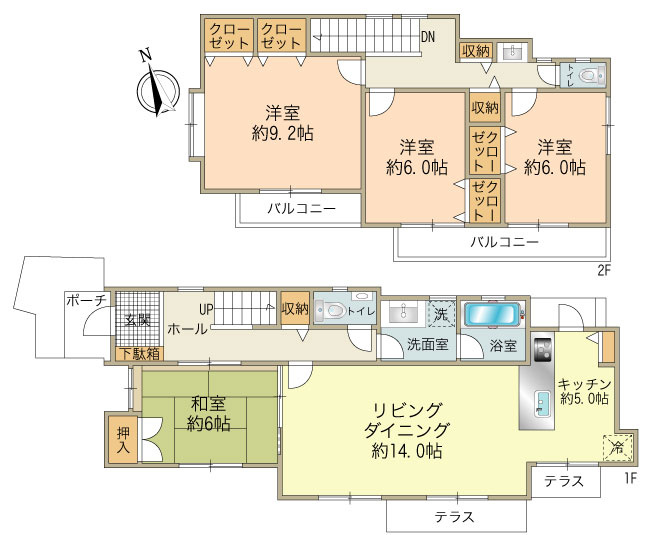 南西向き　夏休みまで間に合う即入居　全居室６帖以上　１階２階独立洗面台