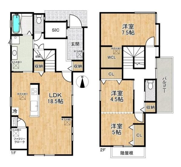 グレーシア別所 ３号地 ／新築一戸建の間取り|■広々したリビング１８．５帖・３ＬＤＫの間取り！大容量の収納など、ご家族のお住まいにピッタリです！