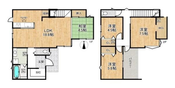 グレーシア別所 ８号地 ／新築一戸建の間取り|■広々したリビング１８．８帖・４ＬＤＫの間取り！大容量の収納など、ご家族のお住まいにピッタリです！