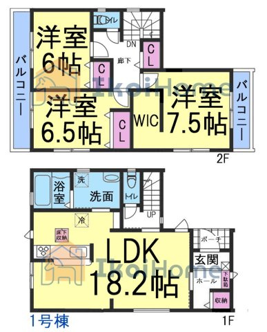 明石市魚住町金ケ崎　全２棟　１号棟　新築戸建の間取り|3LDK+WIC完備の人気の間取りです！LDK18帖でゆったりしております♪WIC完備で収納豊富！