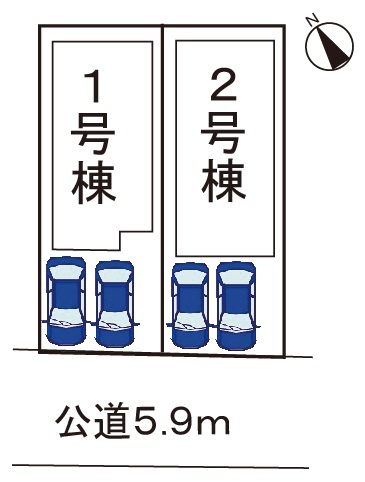 小牧市久保本町　新築戸建　２号棟の区画図|駐車場並列２台可。