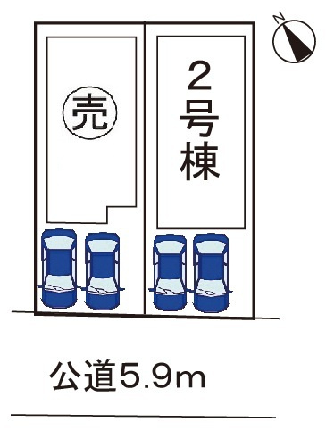 小牧市久保本町　新築戸建　２号棟の区画図|駐車場並列２台可。