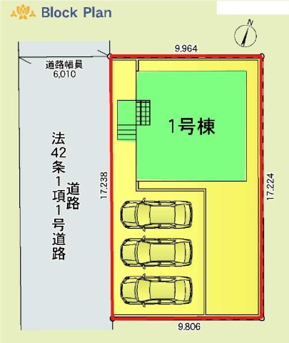 新築　太田市下小林町第1　クレイドルガーデン　１号棟の区画図|1号棟　区画図　西側接道幅員約6ｍ			
	
