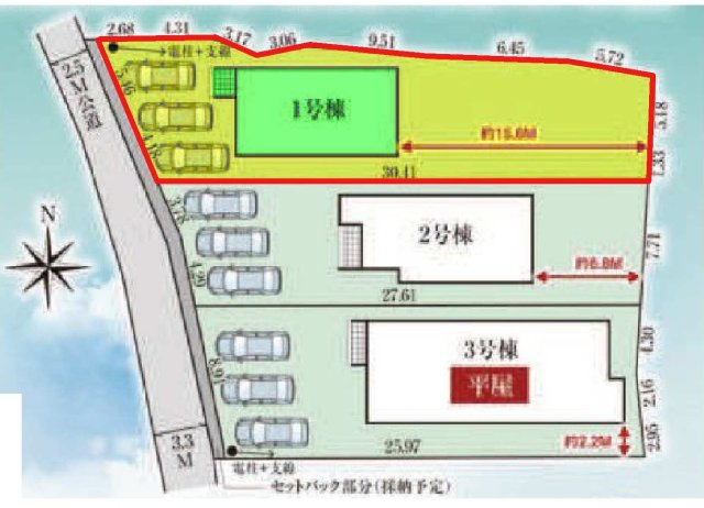 新築　太田市鳥山上町　GRAFARE　1号棟	の区画図|1号棟　区画図　西側接道幅員約2.5ｍ～約3.3ｍ
	
			
	

