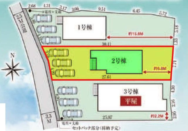 新築　太田市鳥山上町　GRAFARE　2号棟	の区画図|1号棟　区画図　西側接道幅員約2.5ｍ～約3.3ｍ
	
			
	
