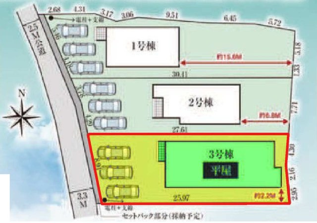新築　太田市鳥山上町　GRAFARE　3号棟	の区画図|1号棟　区画図　西側接道幅員約2.5ｍ～約3.3ｍ
	
			
	
