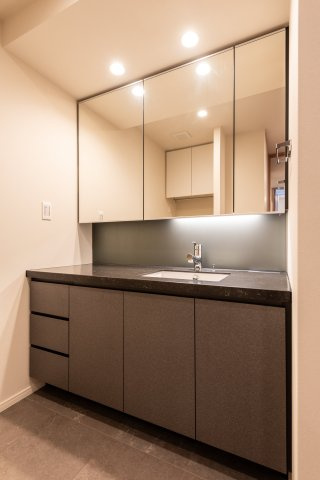 洗面台を含む脱衣場周りの収納が充実しています。内装カラーは『ジャパニーズモダンカラー』を採用。