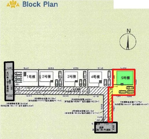新築　太田市大原町第9　クレイドルガーデン　5号棟の区画図|1号棟　区画図　南側接道幅員約6.9ｍ			
	
