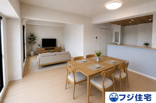 イトーピア金剛東グランヒルズの居間・リビング|LDK：クロスやフローリングを貼替えるなど、ピカピカにリフォーム済み。