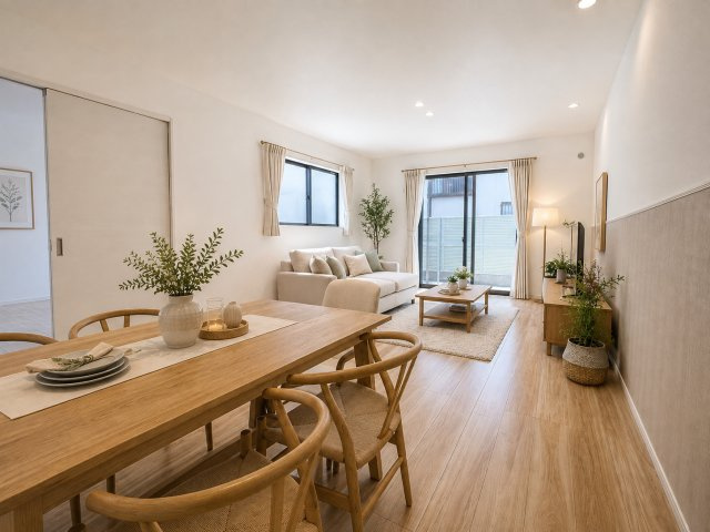 三郷市早稲田3丁目　中古戸建の居間・リビング|ソファやダイニングセットを置いてもゆとりのある18帖のリビング