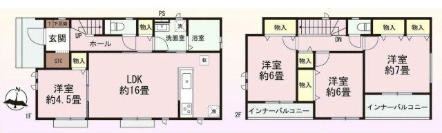 新築　高崎市小八木町　Heartful　Town　A号棟の間取り|建物面積107.23㎡　全居室南向き♪シューズインクローク・各部屋収納付きで便利です！インナーバルコニーなので急な雨でもお洗濯物も安心です。