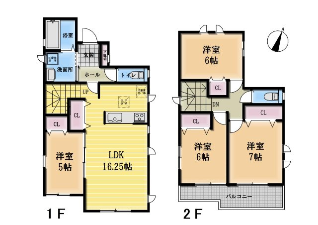 【間取り】 | □■平塚市中里 新築戸建 全4棟【A号棟】■□ | 【4LDK】1F：LDK約16.2帖、洋室約5帖　2F：洋室：約7帖、6帖×2