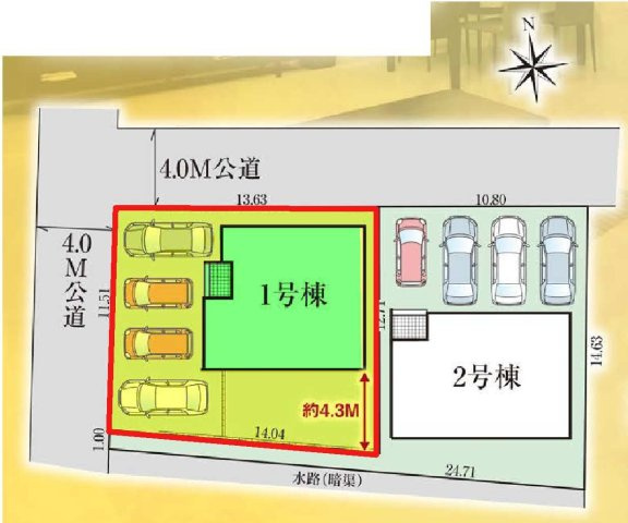 新築　高崎市上並榎町　GRAFARE　1号棟の区画図|1号棟　区画図　西側接道幅員約4ｍ　北側接道幅員約4ｍ
